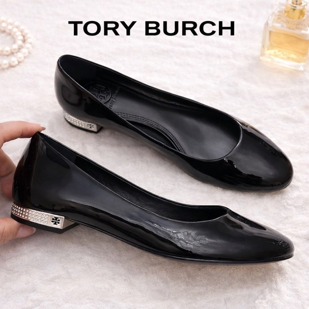 Tory Burch Black Patent Leather Flats Crystal Heel Logo Dress Shoes